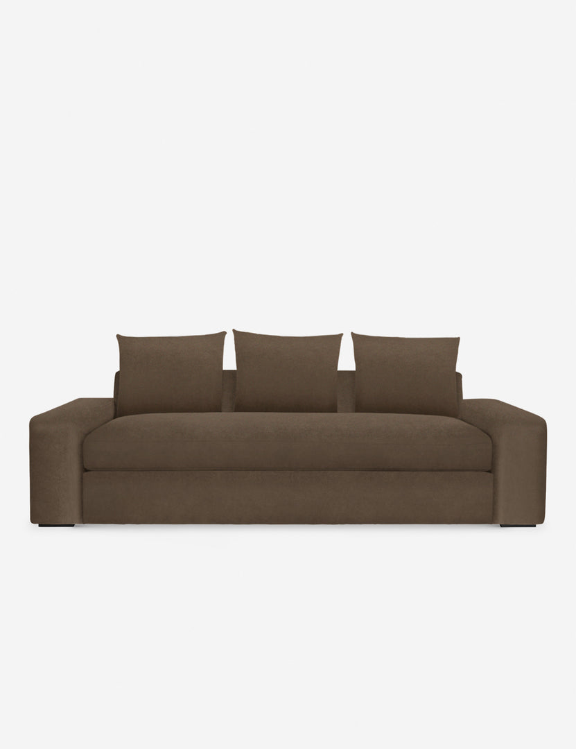 #color::toffee-velvet #size::108-W #size::96-W #size::84-W | Nadine toffee brown velvet sofa with low, wide arms and tall pillow back cushions