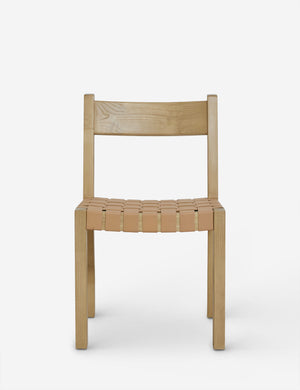 Vix light wood frame and woven leather seat dining chair.