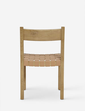 Rear view of the Vix light wood frame and woven leather seat dining chair.