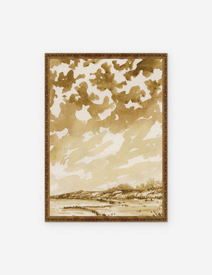 Ochre Landscape Print in a bronze frame that features a gold-tinted monochromatic landscape by Laurel-Dawn Latshaw