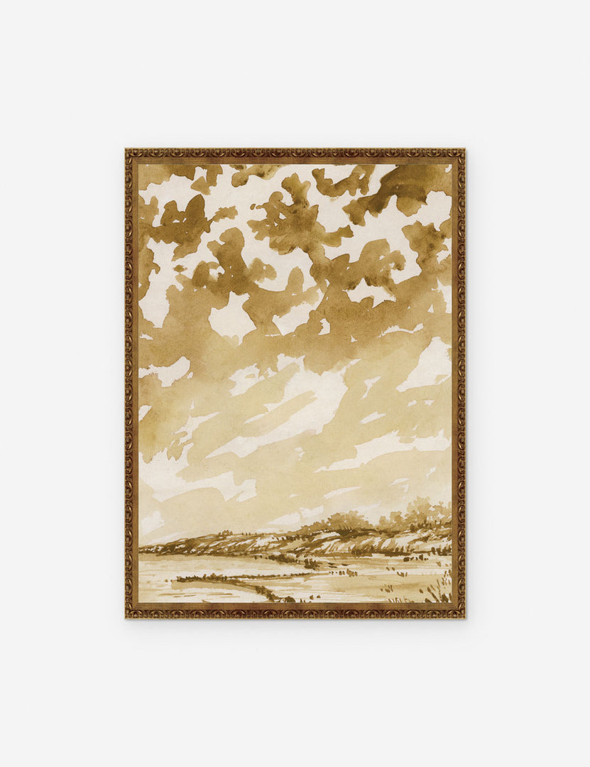 | Ochre Landscape Print in a bronze frame that features a gold-tinted monochromatic landscape by Laurel-Dawn Latshaw