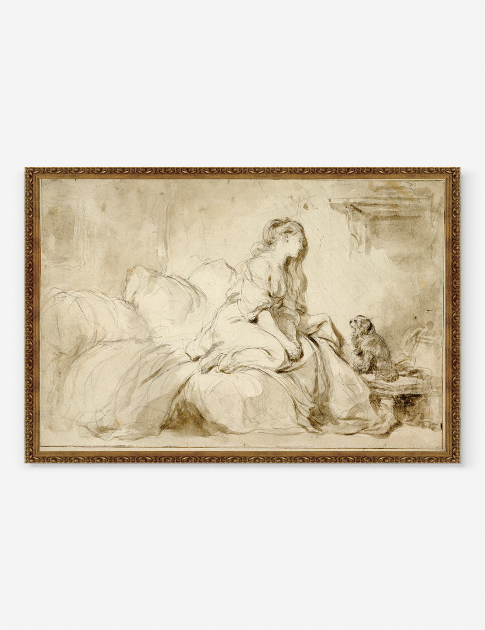 #size::15--x-10- #size::165--x-115- #size::30--x-20- #color::gold #size::315--x-215- | Oh! IF Only He Were as Faithful to Me black chalk and brush Wall Art by Jean-Honoré Fragonard