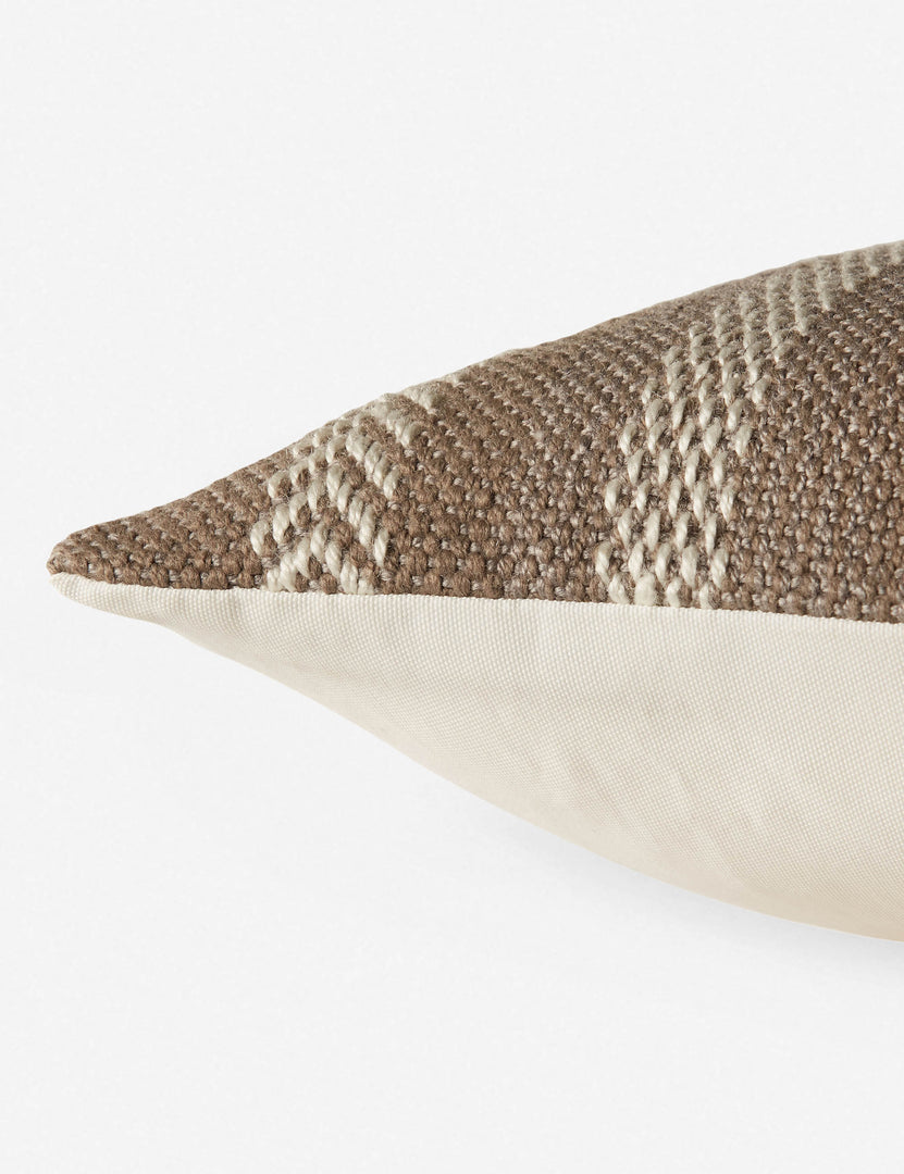 #color::gray | Close up side view of the kamala indoor and outdoor lumbar throw pillow with bohemian accents in gray