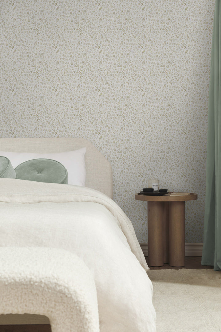 #color::natural | The sommerville natural wallpaper is in a bedroom with a natural linen framed bed, a boucle bench, and wooden night stand