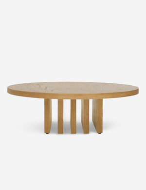 Head-on view of the Pentwater natural wooden Round Coffee Table by Sarah Sherman Samuel