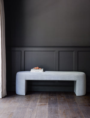 The Mikhail light blue velvet foam-padded bench sits against a black accented wall with a stack of books and a terracotta sculptural object sitting atop it.
