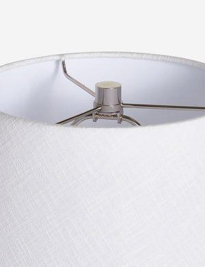 The silver hardware and white linen shade on the top of the Pratt white table lamp