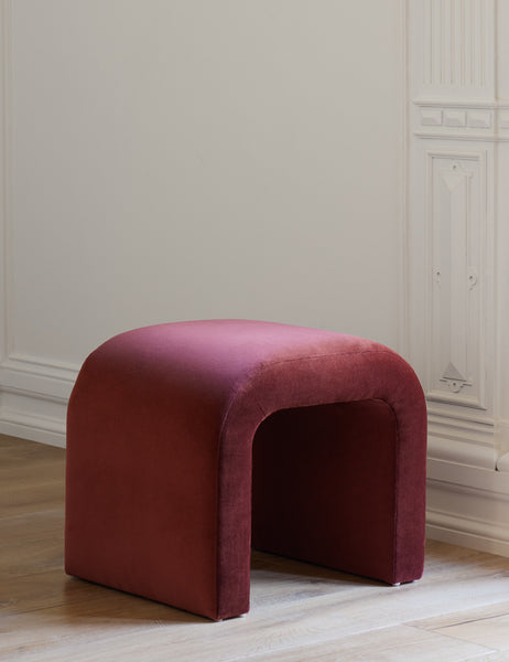 #color::paprika | Angled view of the Paprika Velvet Tate Stool in front of a white accented wall