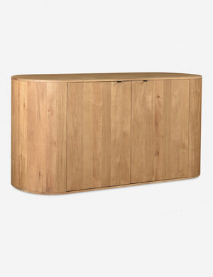 Angled view of the Kono 2-door curved oak sideboard.