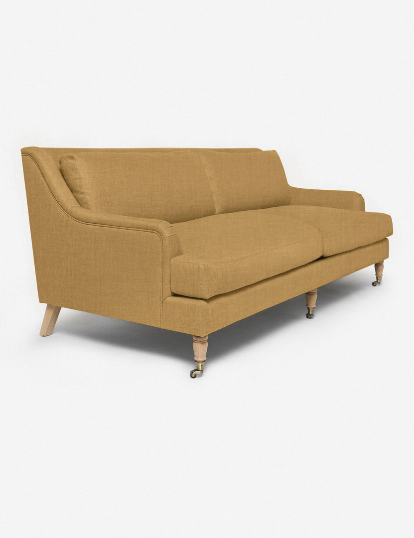 #size::72-W #size:84-W #color::camel-linen #size::96-W | Angled view of the Rivington Camel Orange Linen sofa
