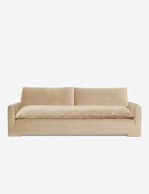 Rupert Brie Beige Velvet sofa with an elevated frame and plush cushions by Sarah Sherman Samuel