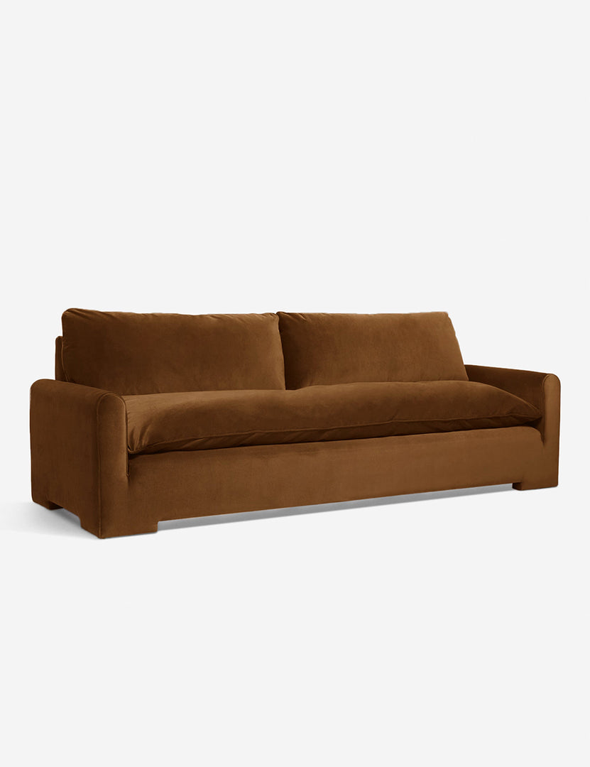#color::Cognac-Velvet #size::102-W | Angled view of the Rupert cognac velvet sofa