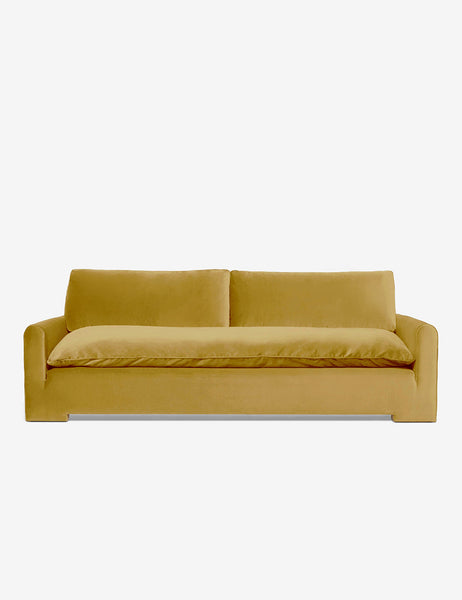 #color::Goldenrod-Velvet #size::102-W | Rupert Goldenrod Velvet sofa with an elevated frame and plush cushions by Sarah Sherman Samuel