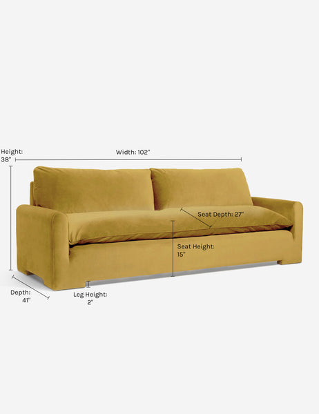 #color::Goldenrod-Velvet #size::102-W | Dimensions on the Rupert Goldenrod Velvet sofa