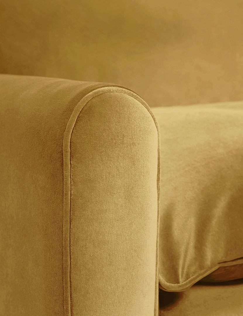 #color::Goldenrod-Velvet #size::102-W | Outer corner of the Rupert Goldenrod Velvet sofa