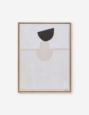 A Foothold Print by Sarah Sherman Samuel featuring cream, white, and black abstract shapes surrounded by a maple floater frame