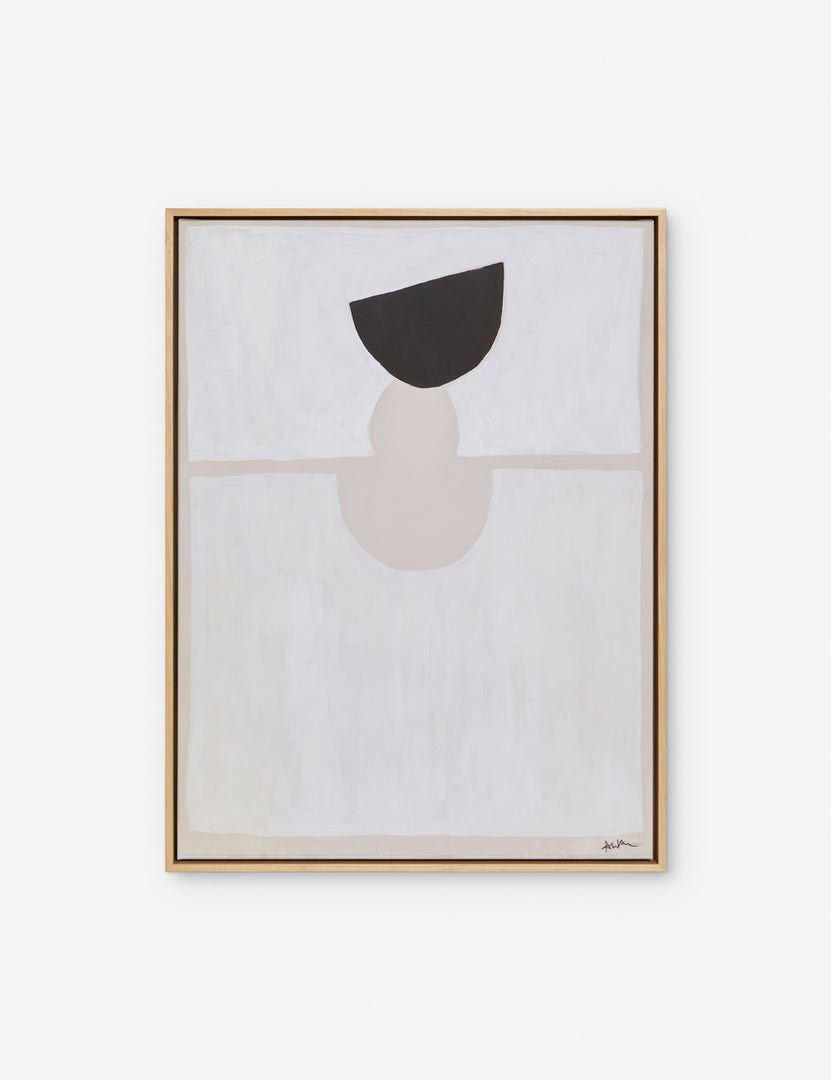 | A Foothold Print by Sarah Sherman Samuel featuring cream, white, and black abstract shapes surrounded by a maple floater frame