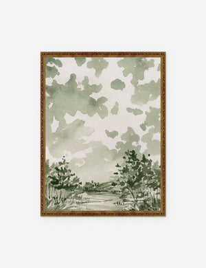 Sage Landscape Print in a bronze frame that features a green monochromatic landscape by Laurel-Dawn Latshaw