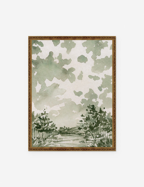| Sage Landscape Print in a bronze frame that features a green monochromatic landscape by Laurel-Dawn Latshaw