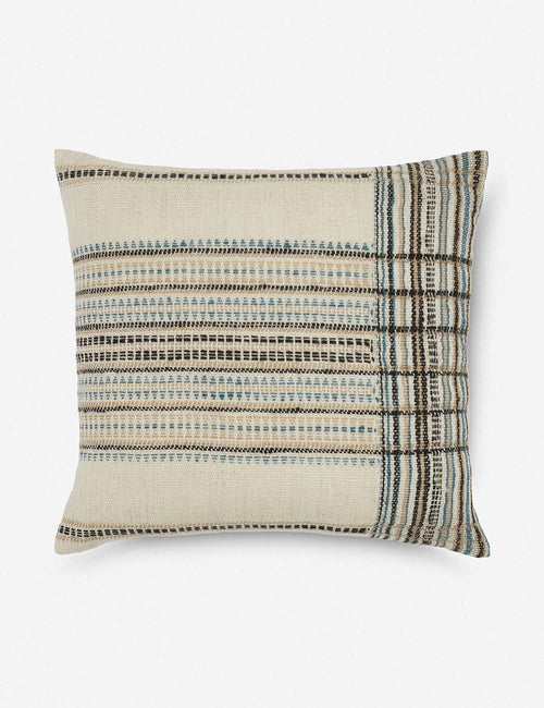 | Skylar cream, blue, and black square pillow with geometric stitching