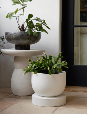 The Dreama white Indoor and Outdoor Planter sits next to a sculptural white side table with a black vase sitting atop it
