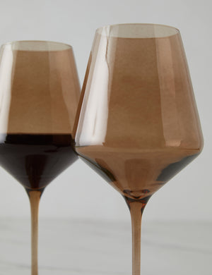 Close-up of the amber smoke wine glasses by Estelle Colored Glass