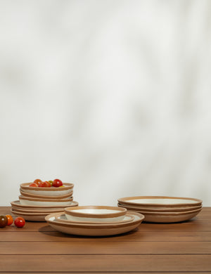 Tara Melamine and bamboo white 12-piece dinnerware set with terracotta rim