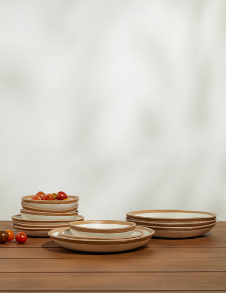 | Tara Melamine and bamboo white 12-piece dinnerware set with terracotta rim