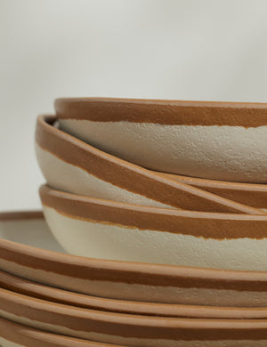 Close-up side view of the Tara Melamine and bamboo white 12-piece dinnerware set