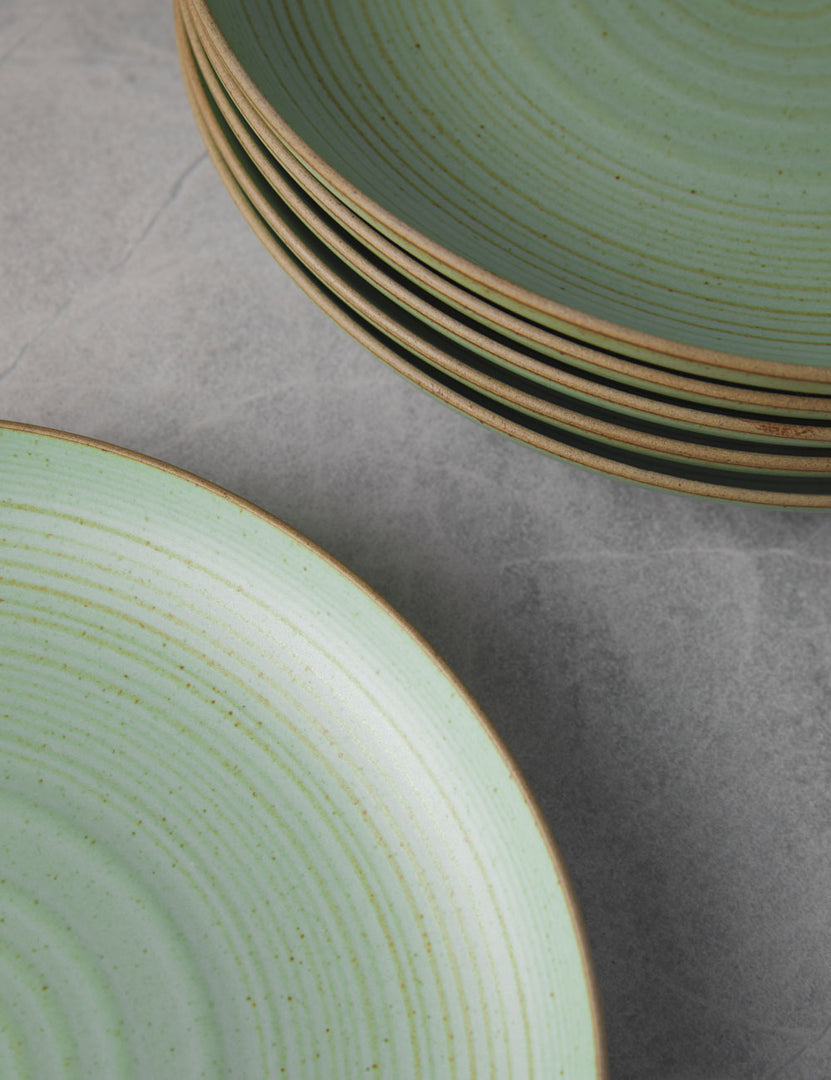 #color::leaf | Close-up of the ringed pattern on the inside of the set of six leaf green stoneware nature dinner plates by thomas for rosenthal