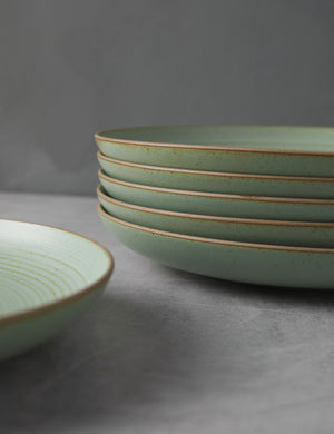 Close-up of the brown rims around the set of six leaf green stoneware nature dinner plates by thomas for rosenthal