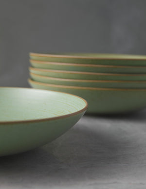 Close-up of the brown rims on the Set of 6 leaf green Nature Soup Plates by Thomas for Rosenthal
