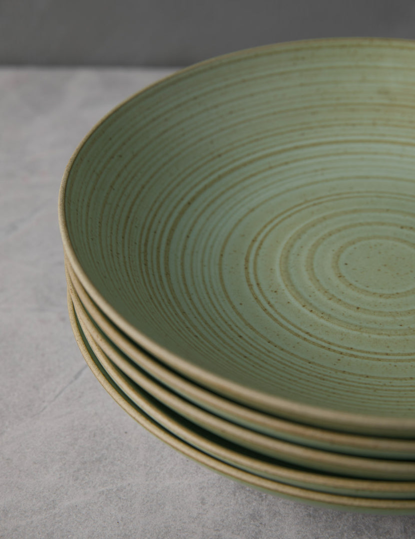 #color::leaf | Close-up of the brown rims on the Set of 6 leaf green Nature Soup Plates by Thomas for Rosenthal