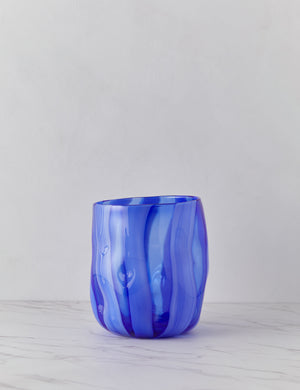 Umi glass vase with striated wave-like vertical blue lines