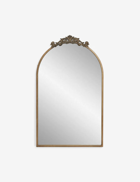 | Tulca vanity brass mirror with a flat bottom edge and traditional scroll detailing