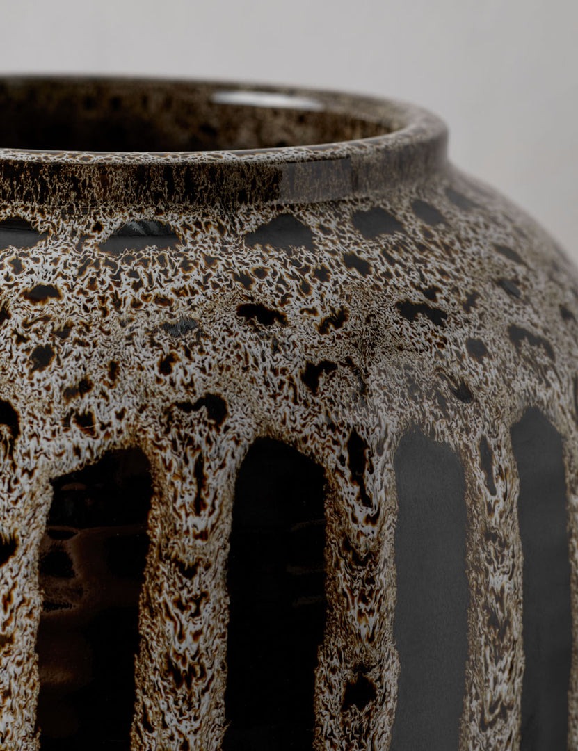 | Close-up of the neck on the Wheaton full-bodied black and natural striped vase