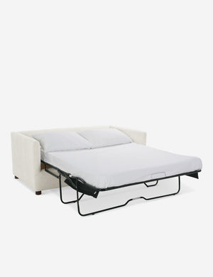 Lotte White Performance Linen queen-sized sleeper sofa with the bed pulled out