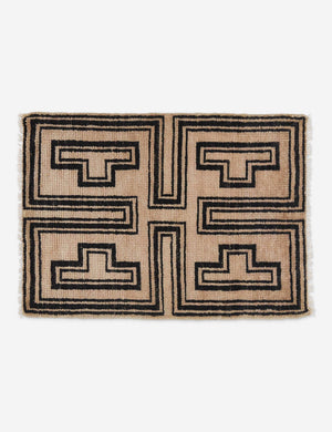 Senna neutral hand-knotted wool small area rug with black geometric pattern