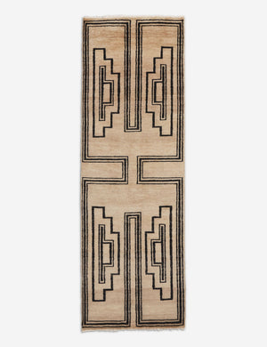 Senna neutral hand-knotted wool runner rug with black geometric pattern