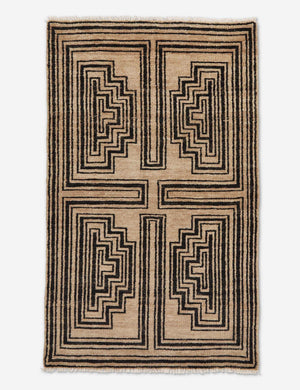 Senna neutral hand-knotted wool area rug with black geometric pattern