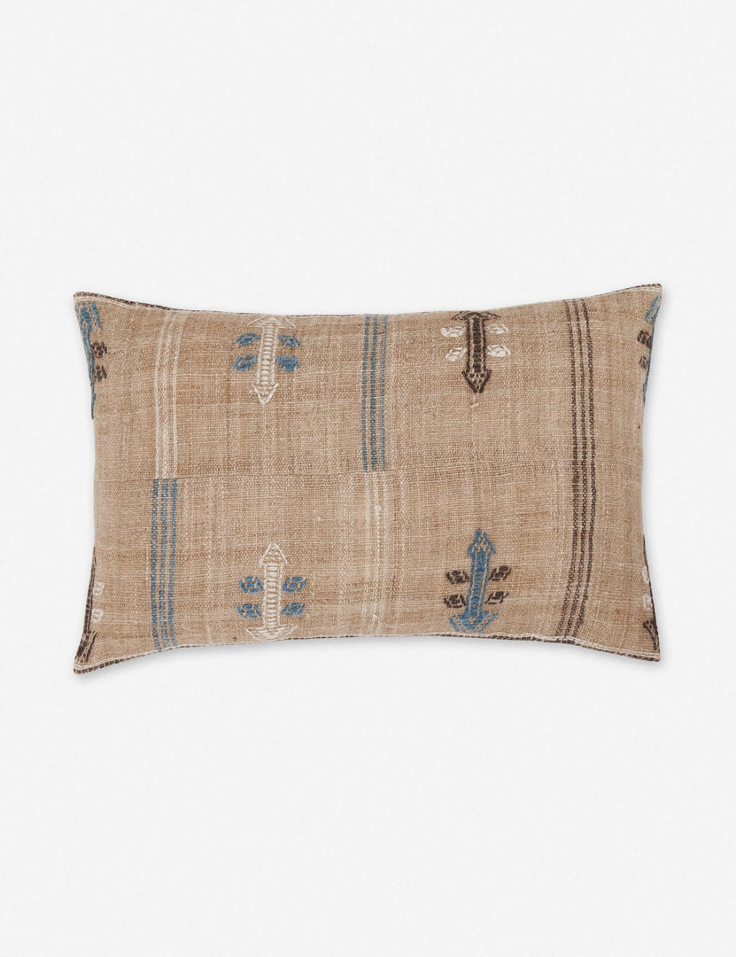 #size::13--x-20- | Rica taupe lumbar throw pillow with blue, white, and black woven arrow-like designs 