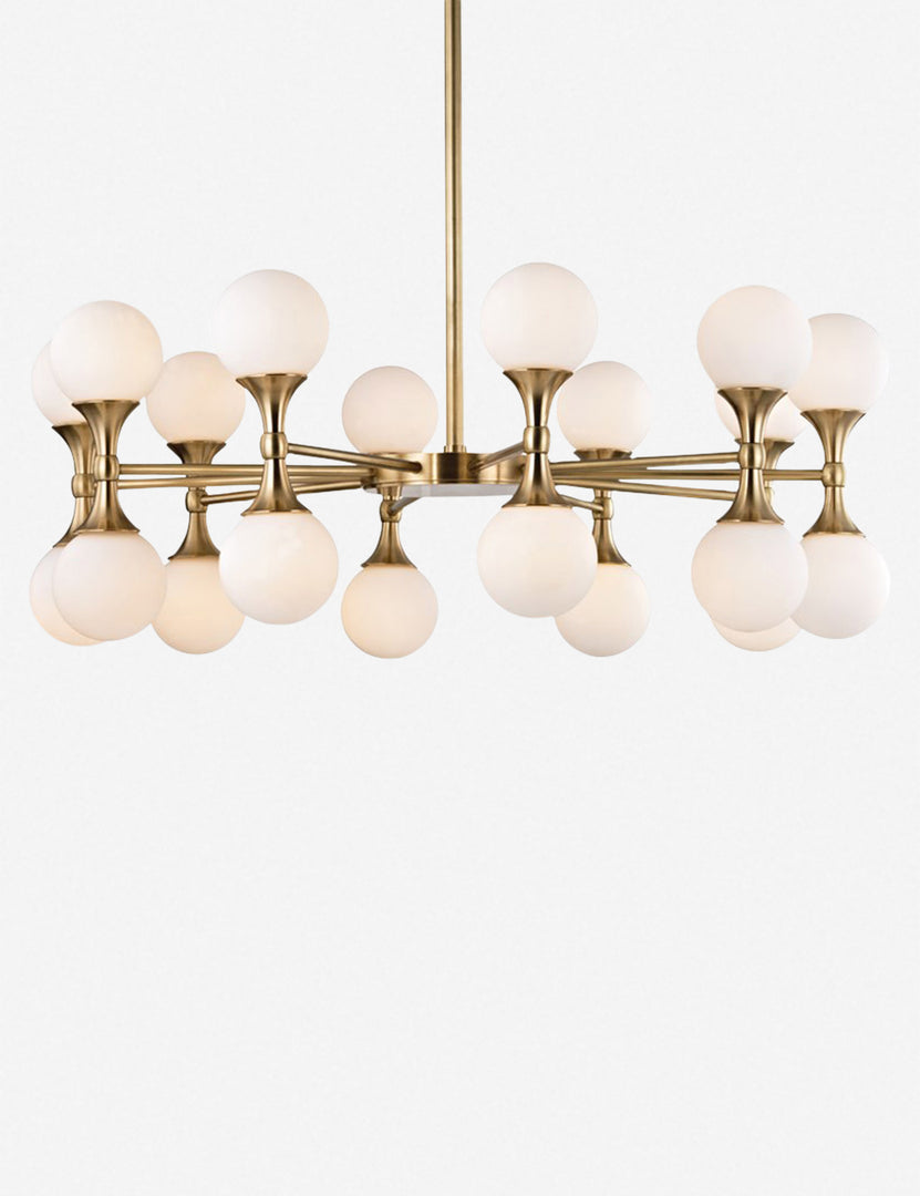 | Video of the Abernathy gold wheel-like chandelier with dual-light fixtures