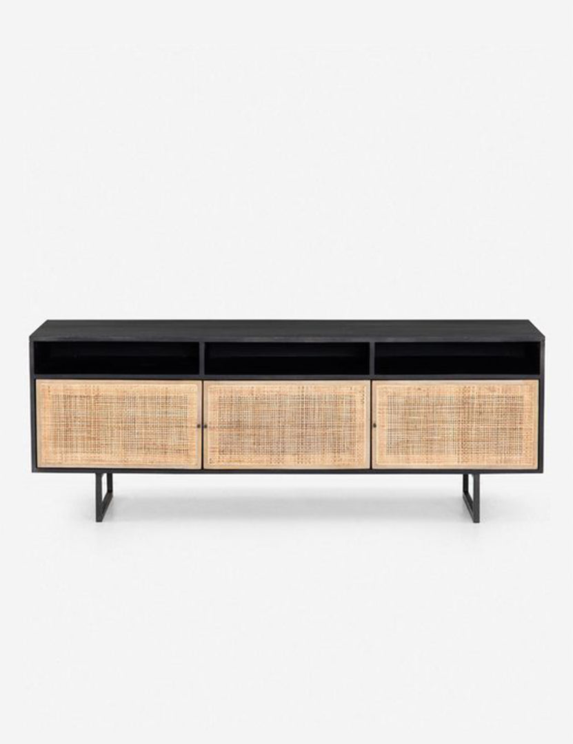#color::black-and-natural | Hannah black mango wood media console with cane doors.