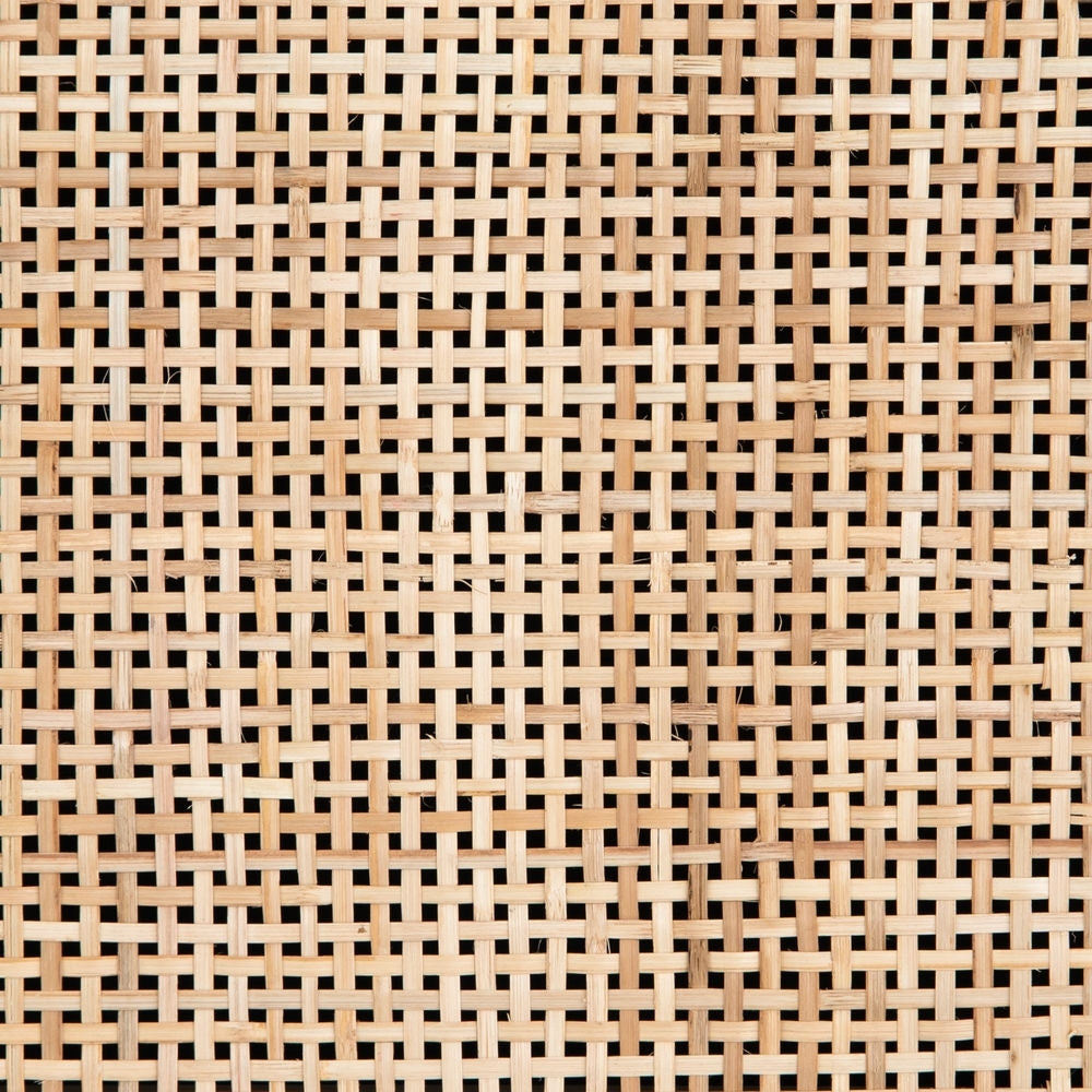 #color::black-and-natural | Detailed view of the woven cane doors on the Hannah black mango wood media console.