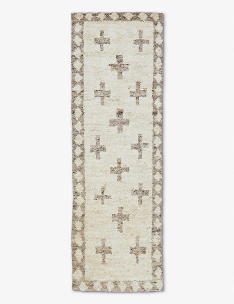 #size::2-6--x-8- | Acoma cream and tan plus-sign patterned Moroccan runner rug with diamond border.