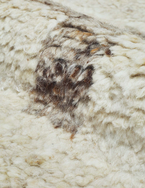 #size::10--x-14- #size::12--x-15- #size::2-6--x-8- #size::6--x-9- #size::8--x-10- #size::9--x-12- | A close-up of the wool shag construction on the Acoma cream and tan plus-sign patterned Moroccan area rug with diamond border.