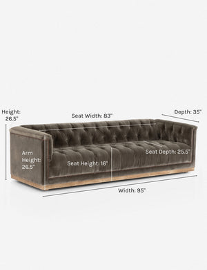Dimensions of the Afia tufted gray-brown velvet sofa with nailhead trim and light wood base