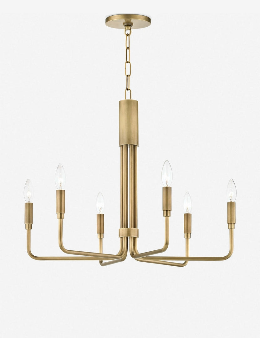 #color::gold #size::6-light | Alexane aged-brass six light Chandelier with candelabra-style bulbs