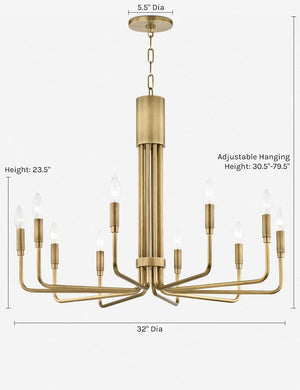 Dimensions on the Alexane aged-brass ten light Chandelier with candelabra-style bulbs