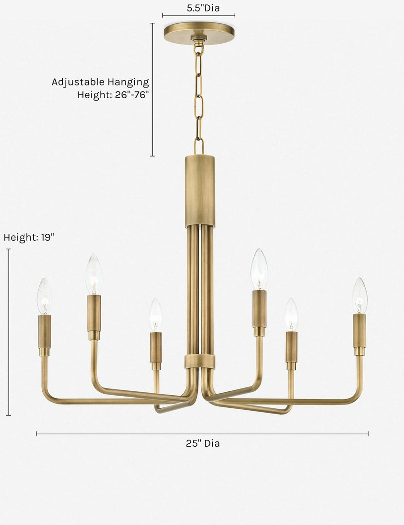 #color::gold #size::6-light | Dimensions on the Alexane aged-brass six light Chandelier with candelabra-style bulbs
